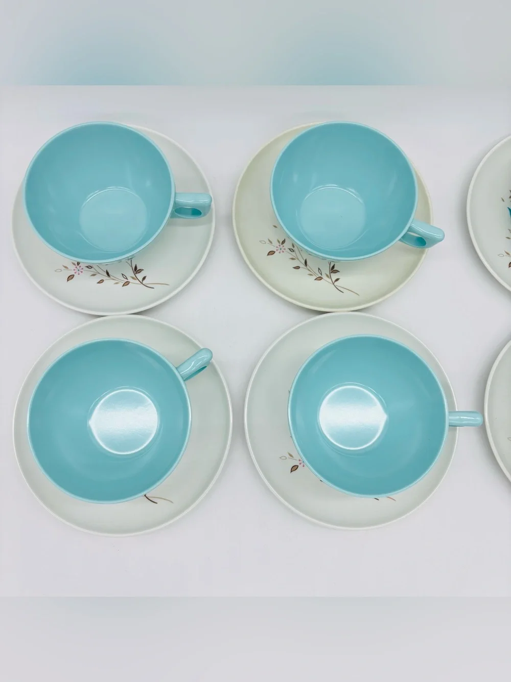 Vintage Lenox Ware Aqua Melamine Tea Cup Saucer Set 8 Floral Mid Century MCM USA